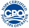 A blue and white logo for the nspf certified pool spa operator.