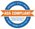 A blue and orange seal with the words ada compliant.