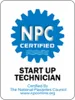 A blue and white logo for the national professional certified start up technician.