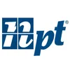 A blue and white logo of hpt